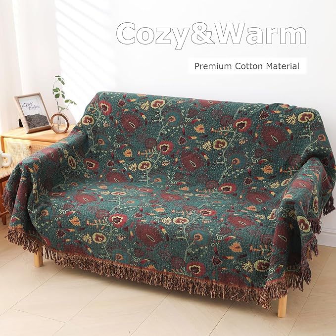 Boho Throw Blanket for Bed 100% Cotton Ultra Soft Rustic Quilt Farmhouse Decor Bed Fall Blanket,All Season Rustic Throw for Sofa Couch Chair (Flower-Dark Green, 60"×80")