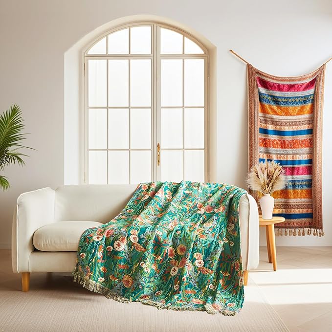 Boho Throw Blanket for Couch Sofa Chair Cotton Blankets for Bedroom Living Room All Season Soft Lightweight Reversible Floral Embroidery Throws 50"x60"