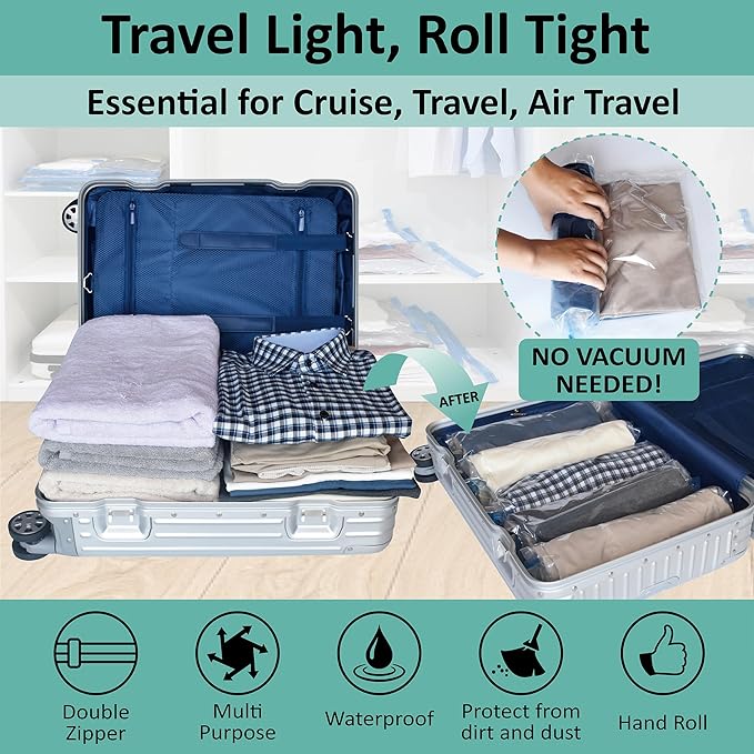 Compression Bags for Travel - Travel Essentials - 16 Pack Space Saver Bags - No Vacuum Needed - Compression Packing Bags for Cruise Accessories