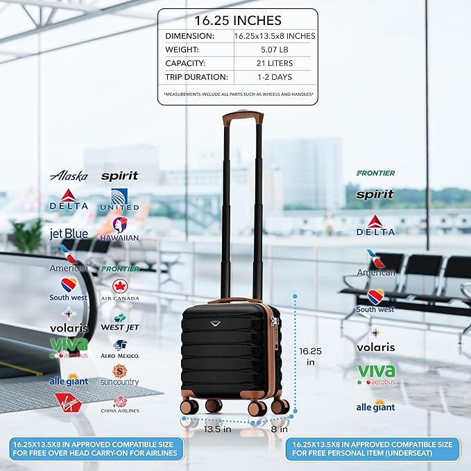 Carry On Suitcase Hardside TSA Lock & USB Port Silent Double Spinner Wheels Maximum Underseat Carry-On Bag For Virgin & South West Approved Airlines( 16.25x13.5x8" ,Black/Tan )