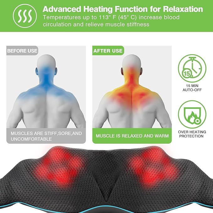 cotsoco Neck Massager, Shiatsu Neck and Back Massager with Heat for Pain Relief, Deep Tissue 3D Kneading Massage Pillow, Relaxation Gifts for Men and Women, Gifts for Dad, Elderly,Wife（Turquoise）