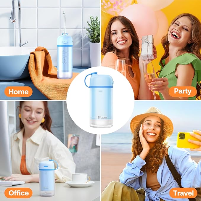 Bitvae P1 Water Dental Flosser, Travel Water Cleaner Picks, Cordless Mini Water Teeth Cleaners with Telescopic Water Tank, IPX7 Waterproof Oral Irrigator, Brace & Sensitive Teeth Care, Sky Blue