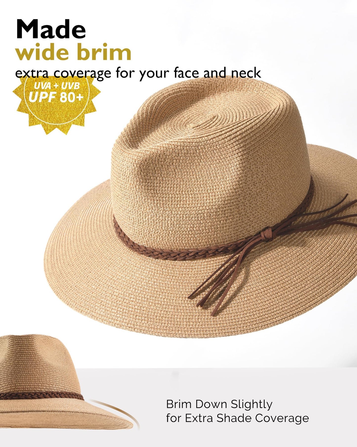 FURTALK Sun Hats for Women Summer Wide Brim UV UPF 80+ Panama Fedora Foldable Packable Straw Beach Hat Khaki