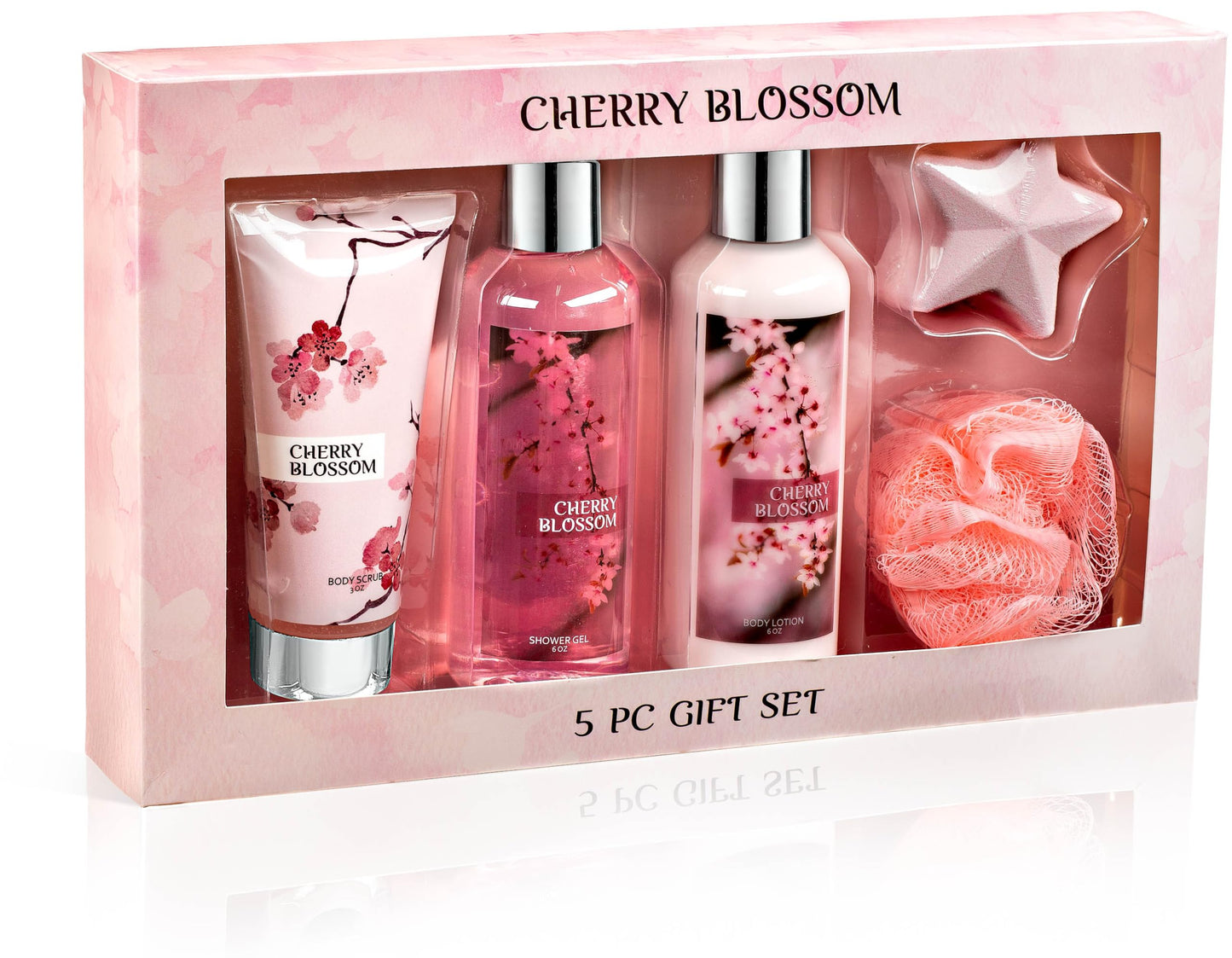 Freida & Joe Fragrance Bath & Body Collection Gift Box, Includes Shower Gel, Body Lotion, Body Scrub, Bath Bomb & Sponge (Japanese Cherry Blossom)