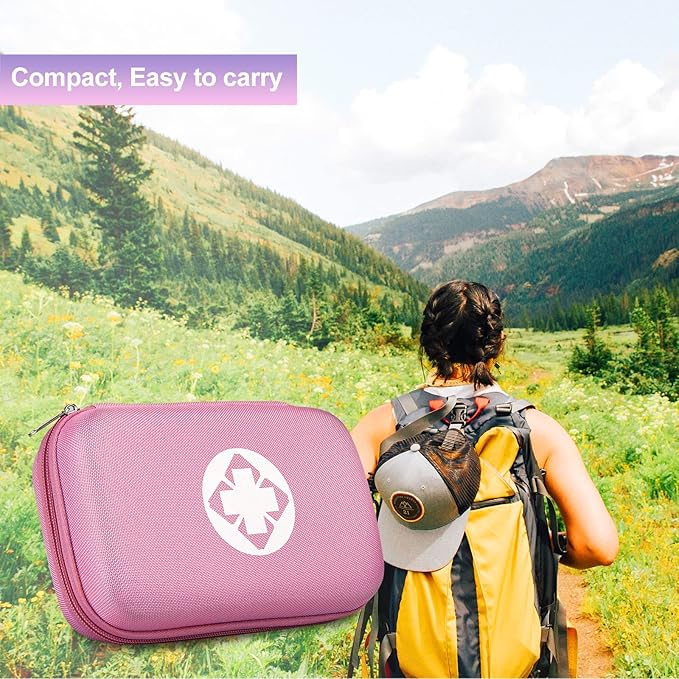 277PCS Compact Emergency First Aid Kit for Car Business Travel Size Backpacking Gear Bag Camping Essentials Survival Kit Supplies for Road Trips, Hiking, Outdoor Play Pink AMORNING