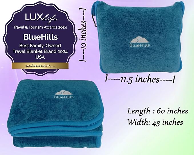 BlueHills Premium Soft Travel Blanket Pillow Airplane Blanket in Soft Bag case with Hand Luggage Belt and Carabiner Compact Pack Large Cozy Plane Car Train Teal Blue T022