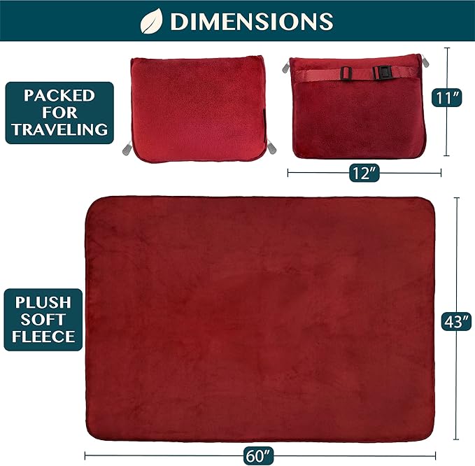 PAVILIA Travel Blanket Pillow, Soft Airplane Blanket 2-in-1 Combo Set, Plane Blanket Compact Packable, Flight Essentials Car Pillow, Travelers Gifts Accessories, Luggage Backpack Strap, 60x43 Red