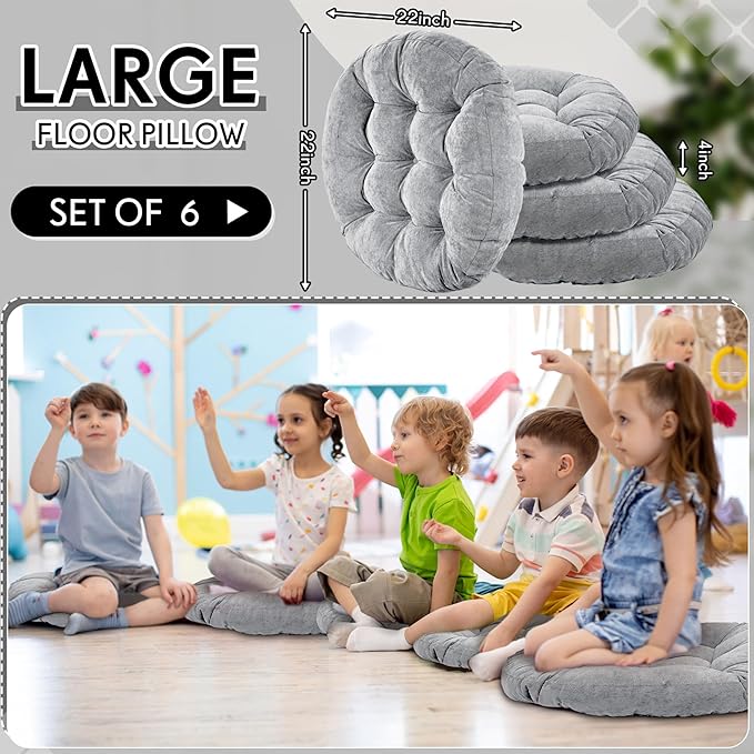 Jerify 6 Pcs Round Floor Pillows Cushions 22 x 22 Inch Large Flexible Seating Cushion Classroom Furniture Floor Pillow for Kids Adults Home Daycare Preschool Yoga Meditation Gift (Light Gray)