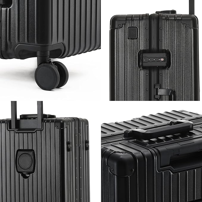 24 Inch Zipperless Checked Travel Luggage with Spinner Wheels,ABS+PC Hard Shell Suitcase with TSA Approved USB Port,Cup & Phone Holder for Women Men,Black