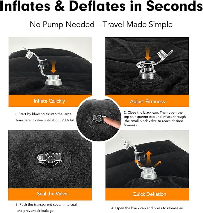 Inflatable Foot Rest Pillow for Travel, Adjustable Height Cushion Kids/Adults Airplane Travel Pillow, Suitable for Trains, Cars, Office, Home Comfort - Black