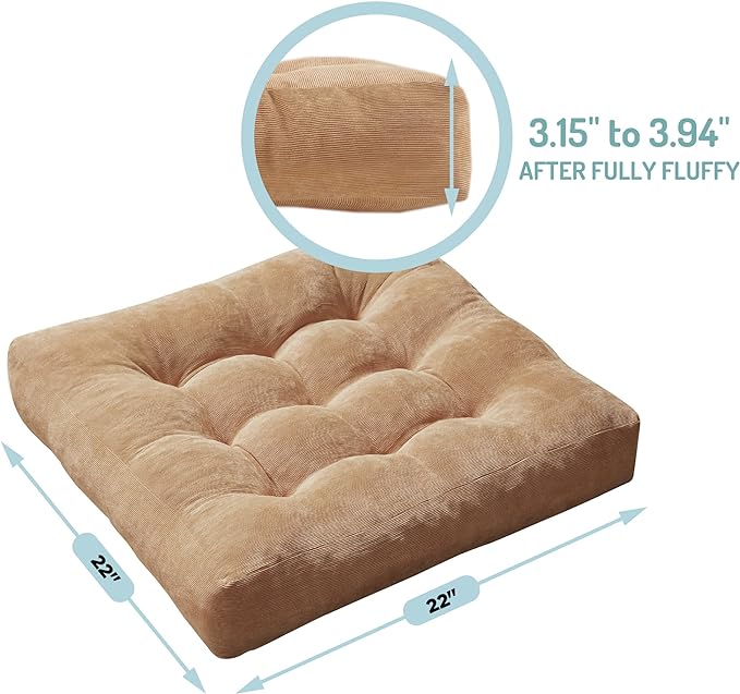 Meditation Floor Pillow, Square Large Pillows Seating for Adults, Tufted Corduroy Floor Cushion for Living Room Tatami, Coffee Brown 22x22 Inch, 1 Count (Pack of 1)