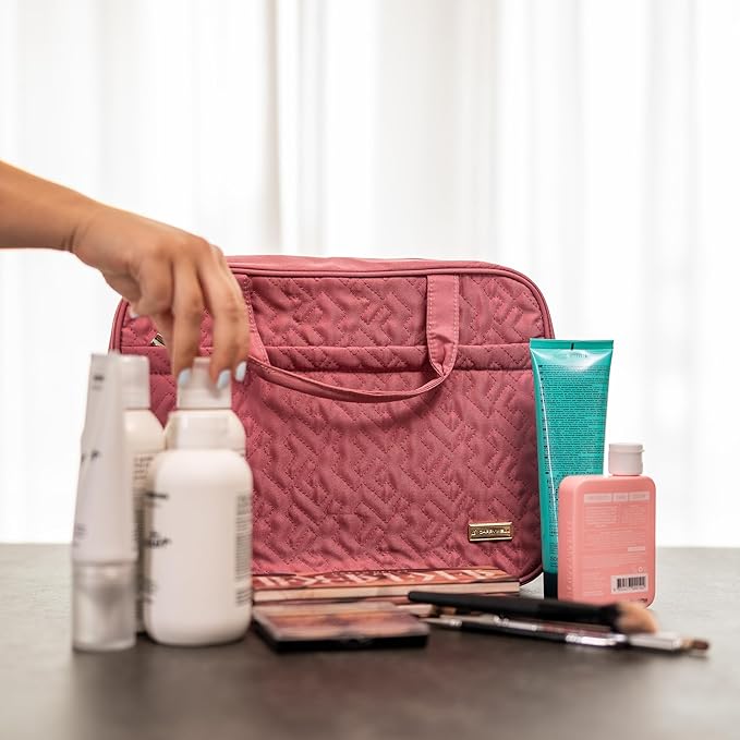 Carrywell |Not Made In China| Hanging Toiletry Travel Bag For Women, Makeup Organizer Case, Water-Resistant Cosmetic Bag For Full-size Containers, Toiletries (Rosewood Pink, Medium)