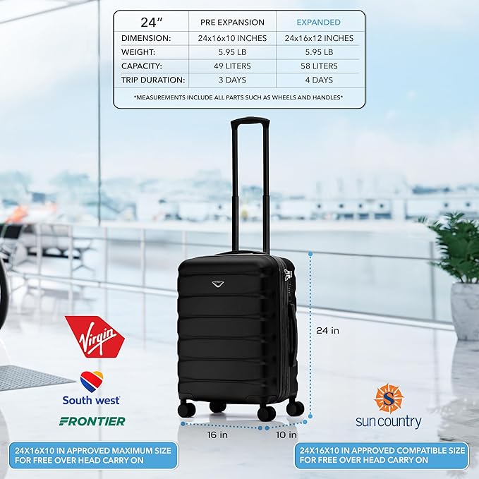 Carry On Suitcase Hardside Built In TSA Lock & USB Port Silent Double Spinner Wheels Maximum Overhead Carry-On Bag For Virgin & South West Approved Airlines( 24x16x10" ,Black )