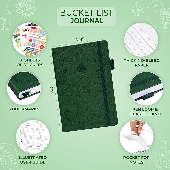 Clever Fox Bucket List Journal – Inspirational Book for Memories & Adventures – Motivational Bucket List Notebook for Couples, A5 (Forest Green)