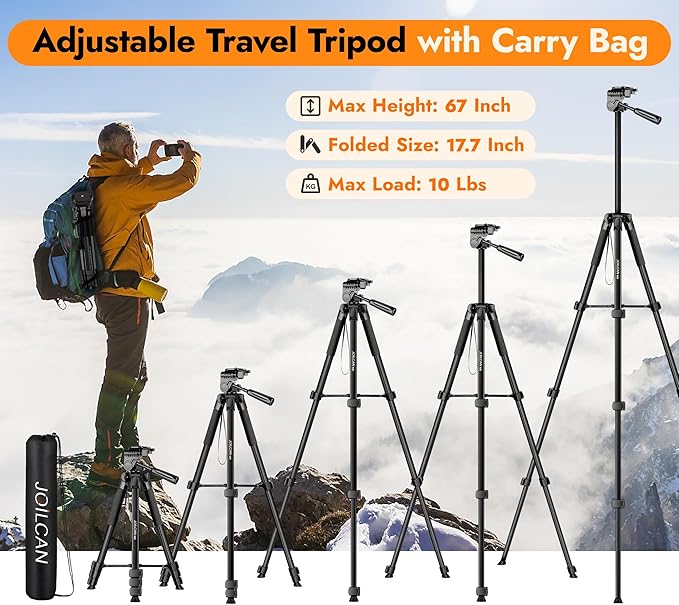 JOILCAN Phone Tripod Stand - 67" Aluminum Extendable Tripod with Remote, Portable Tripods for iPhone Photos Selfie & Video, Compatible with iPhone DSLR Camera Projector