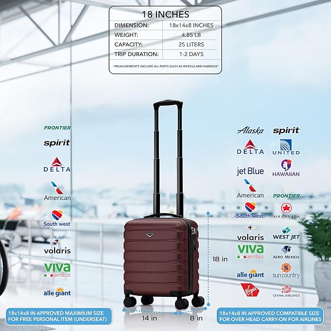 Carry On Suitcase Hardside Built In TSA Lock & USB Port Silent Double Spinner Wheels Maximum Underseat Carry-On Bag For American & United Approved Airlines( 18x14x8" ,Burgundy )