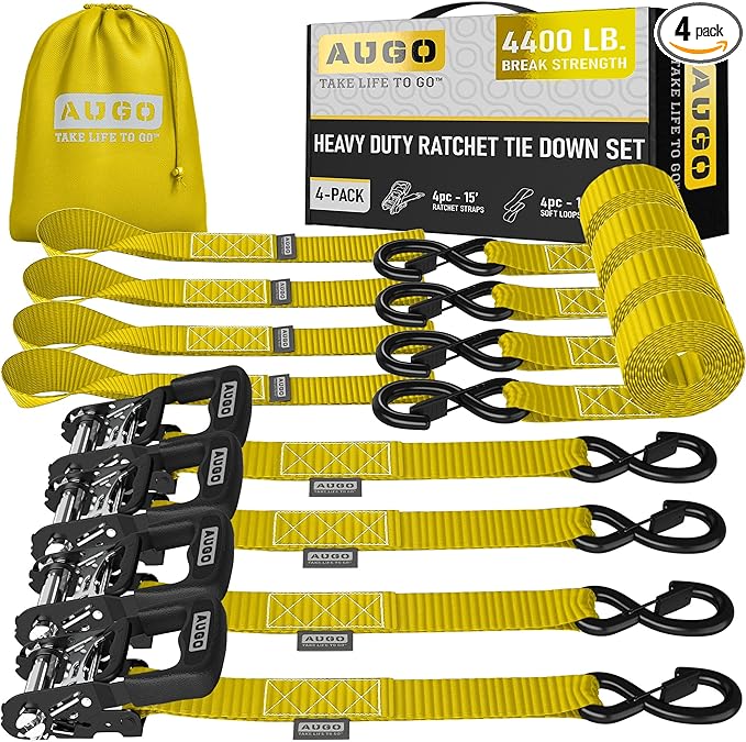 AUGO Heavy Duty Ratchet Straps & Soft Loops – Pack of 4 Extra Strong 1.5” by 15’ Ratchet Straps w/S-Hook Safety Latches & 4 Soft Loop Tie Downs – 4400Lb Break Strength for Motorcycles, ATVs, Etc.