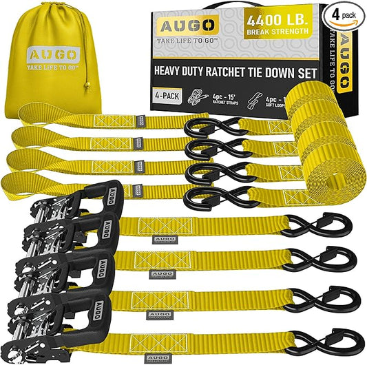 AUGO Heavy Duty Ratchet Straps & Soft Loops – Pack of 4 Extra Strong 1.5” by 15’ Ratchet Straps w/S-Hook Safety Latches & 4 Soft Loop Tie Downs – 4400Lb Break Strength for Motorcycles, ATVs, Etc.