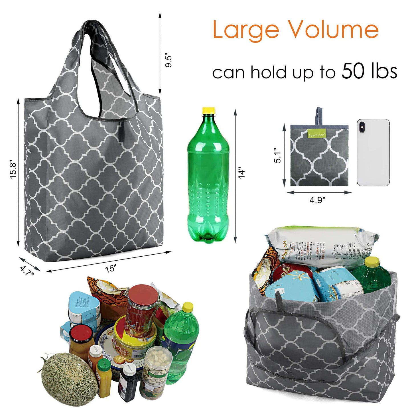 BeeGreen Grocery Bags | Reusable Gift Bags, Large Tote for Women & Foldable Beach Bag - 6 Pack Reusable Bag With Handles | Collapsible Cute Cloth Storage for Market, Holiday & Shopping | Washable