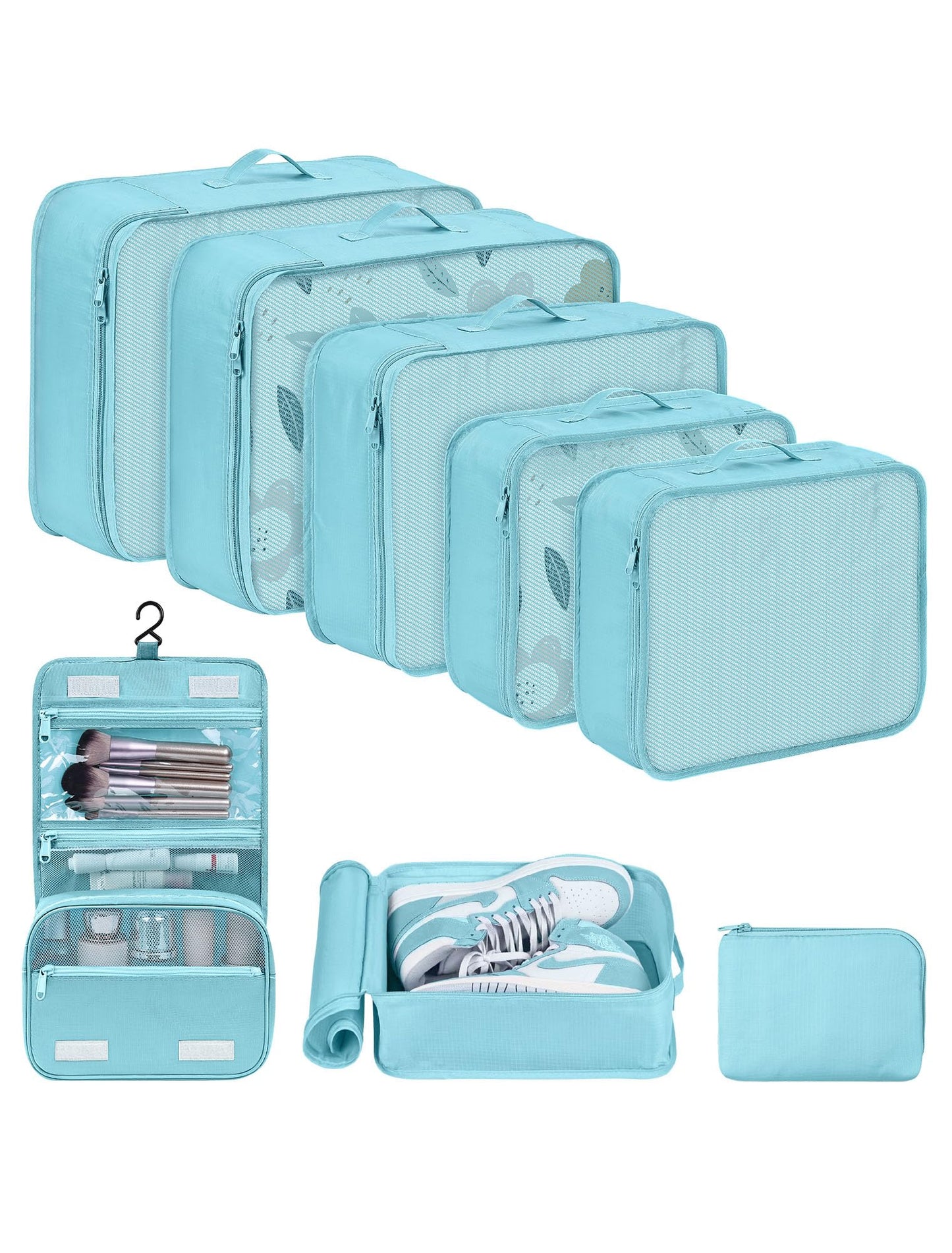 DIMJ Packing Cubes Suitcase, 8 Pieces Packing Cubes for Travel, With Toiletry Bag Hanging, Packing Cubes Carry on Luggage Cubes Packing for Clothes, Shoes, Underwear, Cosmetics, Travel Essential(Blue）
