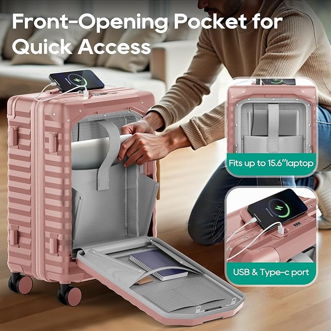 Joyway 20 Inch Carry on Luggage with Front Pocket, PC Hardshell Carry-on Suitcase with USB Port and Cup Holder, 21.5x14.2x9 Airline Approved, Luggage with Spinner Wheels and TSA Lock (Rosa Gold)