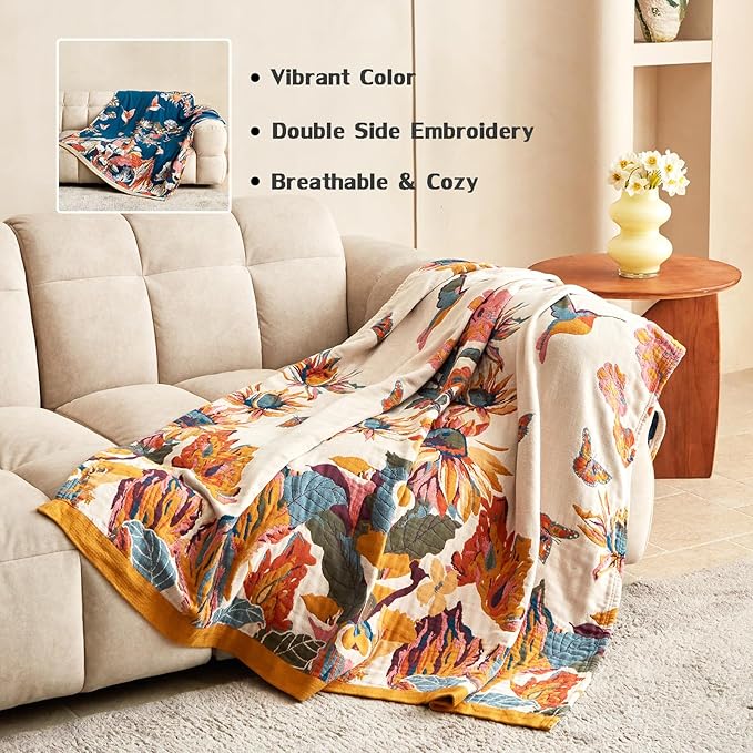 Boho Throw Blanket for Couch 100% Cotton Ultra Soft Rustic Quilt Butterfly and Floral Double Embroidery Fall Throw Blanket,50" x 60" All Season Throws for Sofa Chair