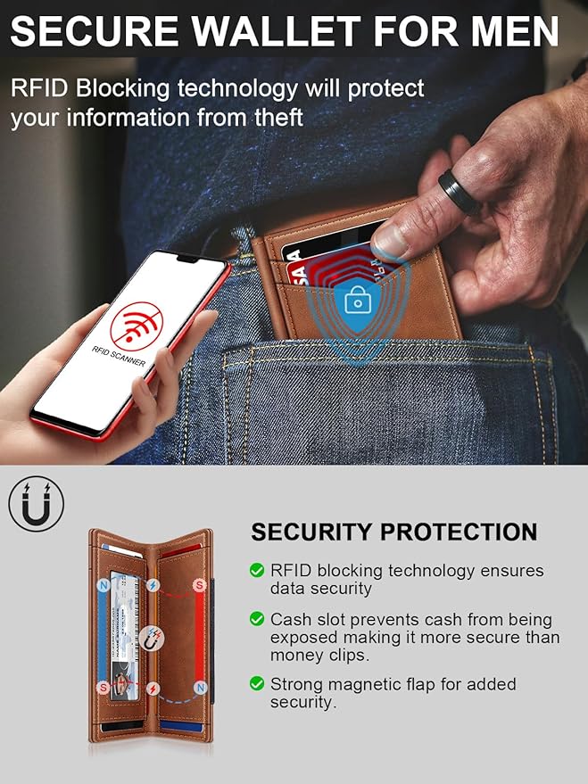 Wallet for Men Slim Leather Wallets for 9-13 Cards, RFID Blocking Thin Card Holder Wallet with ID Window & Stretchable Cash Slot, Minimalist Bifold Small Wallet for Front Pocket, Birthday Gift for Men