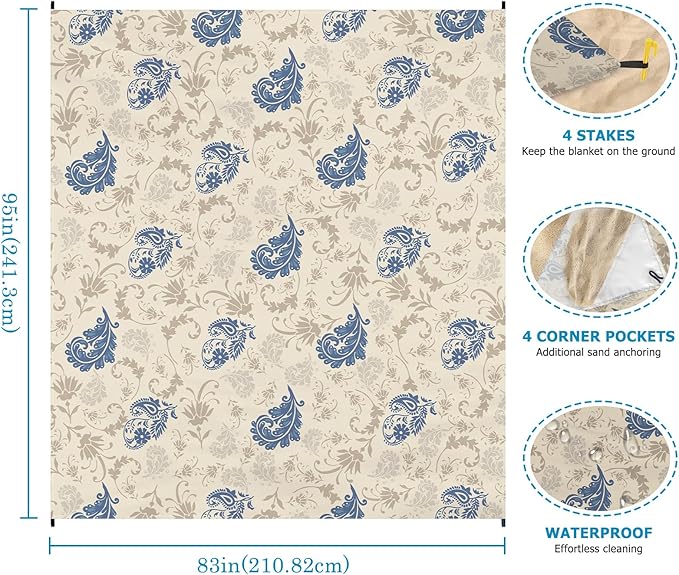 Beach Blanket Waterproof Sandproof, Bohemian Oversized Extra Large Picnic Mat 83"×95"/8 × 7 FT for 1-7 Adults for Travel Camping Hiking, Quick Drying Lightweight Beach Vacation Essentials