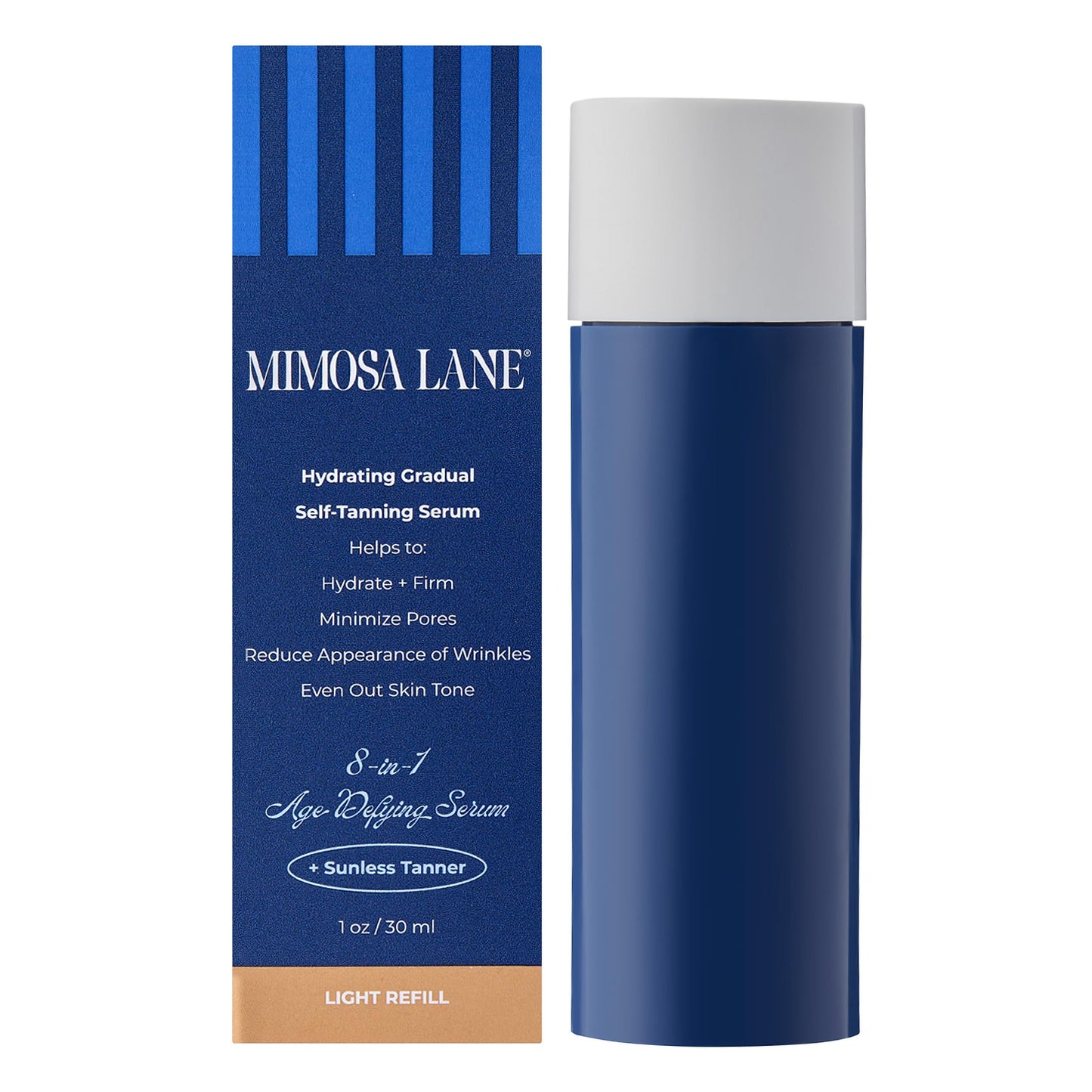 Mimosa Lane 8-in-1 Age Defying Serum REFILL, Hydrating Gradual Self-Tanning for Face, with Anti-Aging Hyaluronic Acid and Vitamin B, C, E, Sunless Tanner, Fragrance-Free, Vegan, 1 oz, Light