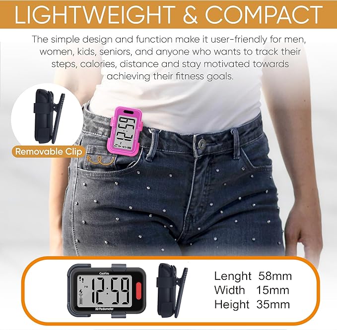 CoolFire - Pedometer, 2025 Indoor & Outdoor 3D Clip-On Pedometer, Accurate Step Counter for Walking Steps and Miles, Calories, Ankle Step Tracker for Fitness, Optional App