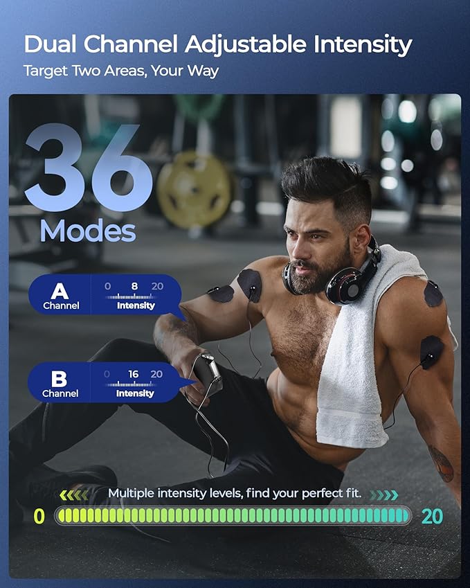 KingPavonini 3-in-1 TENS Unit Muscle Stimulator for Pain Relief Therapy, Dual Channel 36 Modes TENS Machine with 12 Pads, Rechargeable & Portable EMS Muscle Stimulator for Back, Shoulder, Neck