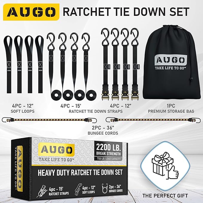 AUGO Ratchet Straps Heavy Duty 4 Pack -15 FT - 2200 LB Break Strength – with Safety Lock S Hooks - Cargo Straps for Moving, Appliances, Motorcycle – Soft Loop Tie Down Straps