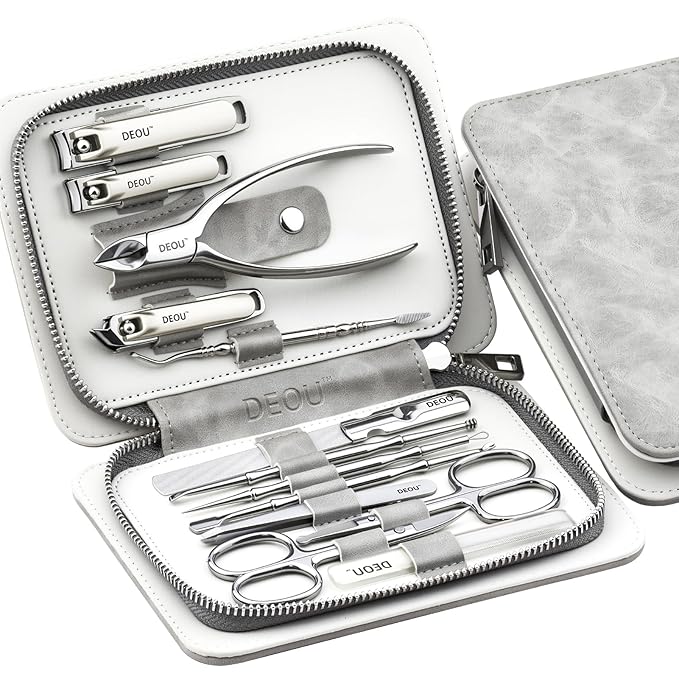 13pcs Nail Grooming Kit Stainless Steel Professional Manicure Set Men Nail Care Tools with woman Luxurious Portable Travel Case Gift (Gray)