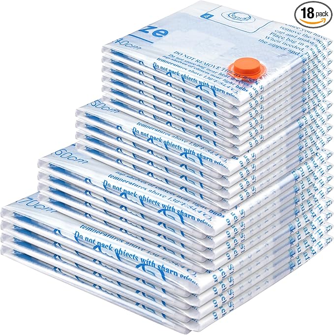 Vacuum Storage Bags 18 Pack,4 Jumbo, 4 Large, 4 Midium, 4 Small,2 Roll Bags,Plastic Packaging Bags,Space Saver Bags for Clothes, Pillows, Comforters, Blankets, Bedding,clothing