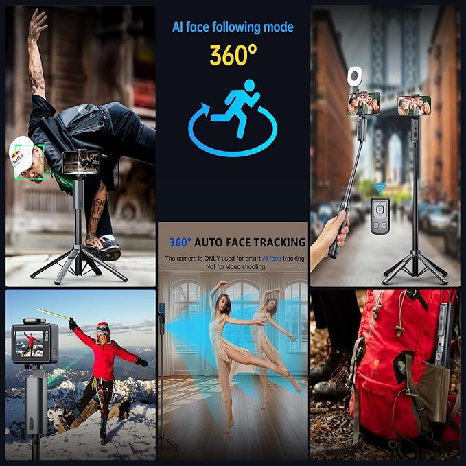 2025 Upgraded 57” Auto Face Tracking Tripod 360 Rotation Facial Recognition Tripod for iPhone with Light AI Face Following Tripods with Remote and Gesture Control for TikTok Vlogging Live Streaming