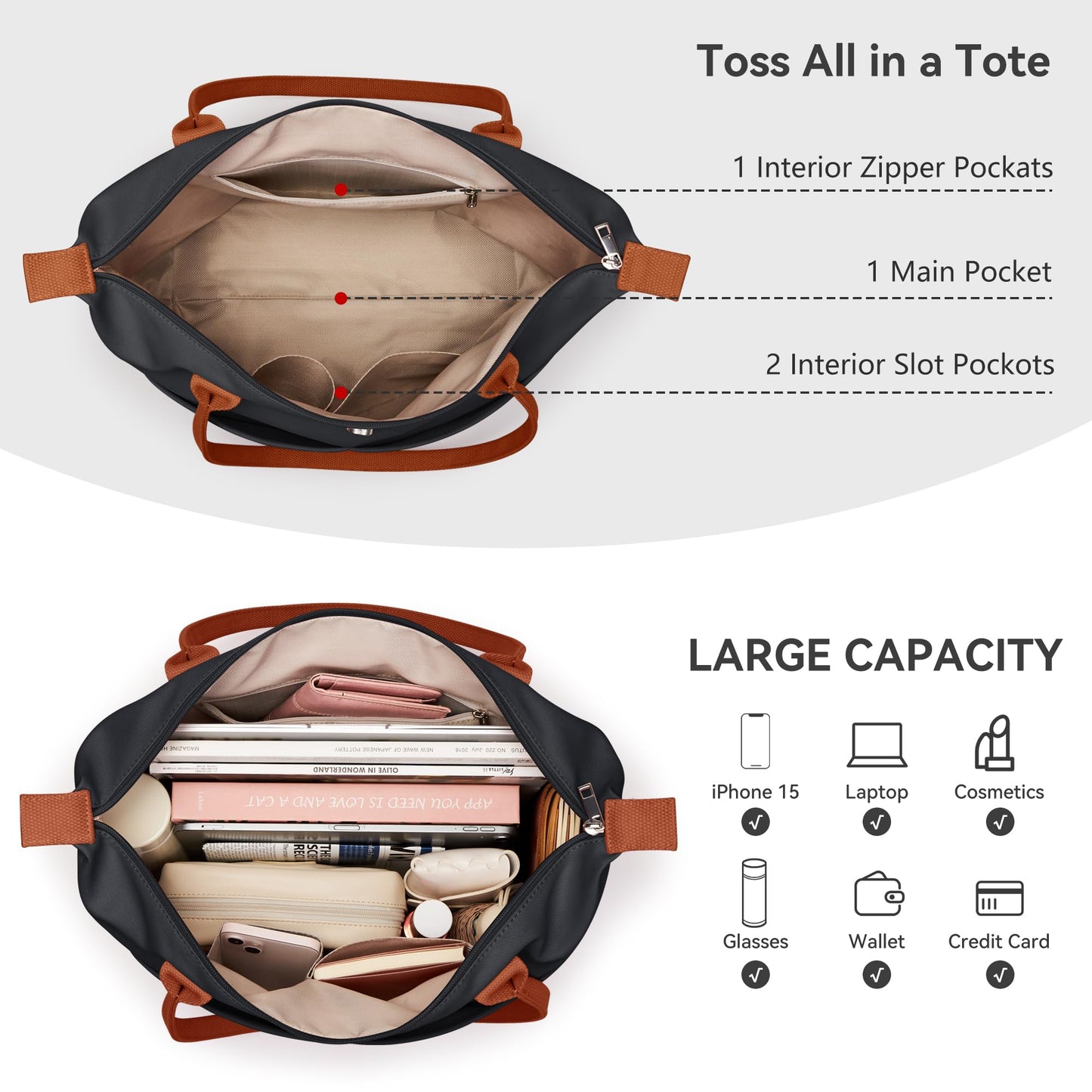 DIXEIGHT Nylon Tote Bag Women Zipper Shoulder Purse Large Hobo Top Handle Foldable Handbags for Work Travel Shopping, Black