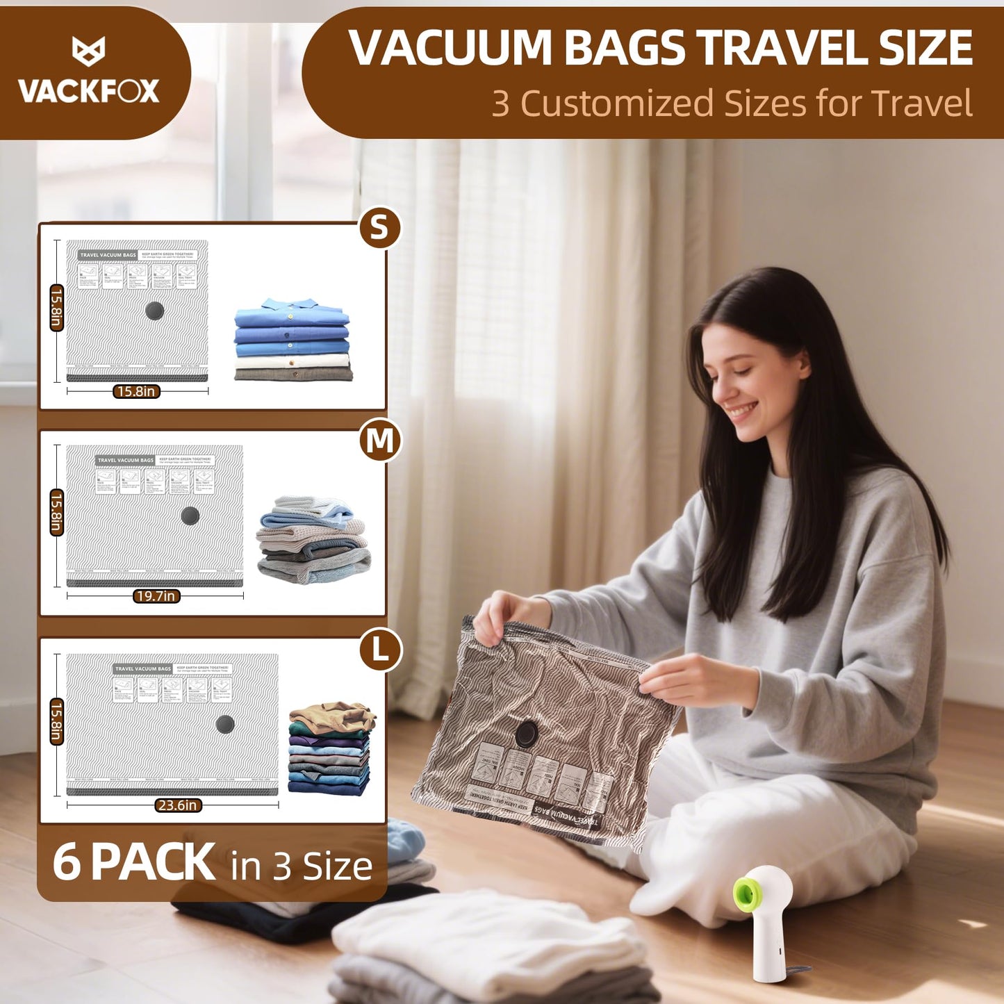 VACKFOX 6 Pack Travel Vacuum Storage Bags with Pump, Vacuum Seal Bags for Clothing, Compression Bags for Travel(2L+2M+2S), Space Saver Kit for Clothes with LED Light