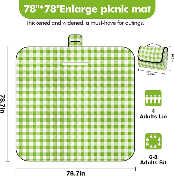 78.7''x78.7'' Extra Large Picnic Beach Blankets, 3 Layers Plaid Waterproof Thickened Foldable Camping Blanket, All-in-one Portable Mat, Suitable for Park, Camping, Outdoor Indoor, Green