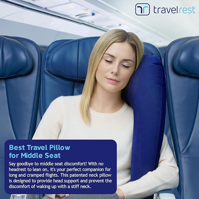 TRAVELREST Ultimate Inflatable Travel Neck & Body Pillow - Travel Essentials, Comfort and Upper Body Support, Airplane Neck Pillow for Long Flight, Straps to Airplane Seat & Car, for All Ages - Blue