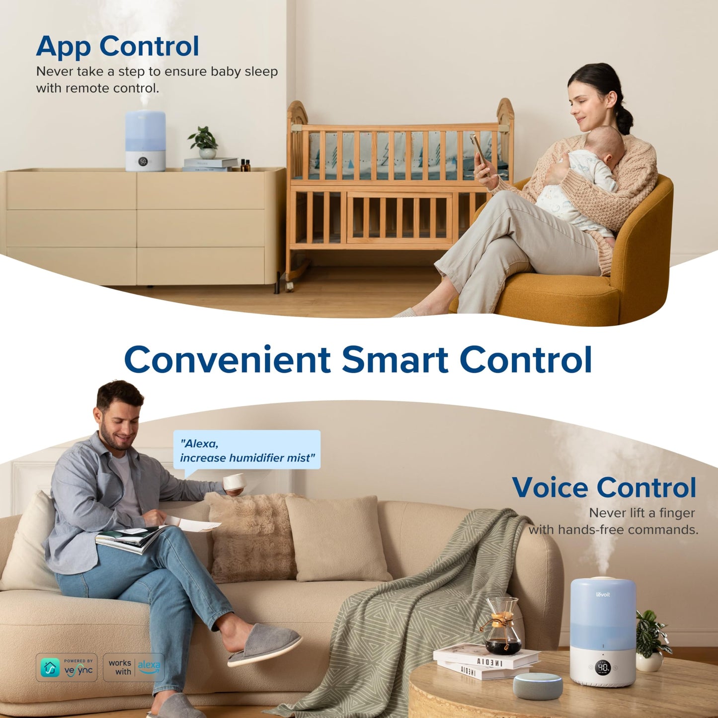 LEVOIT Smart Humidifiers for Bedroom Baby, Top Fill, Customize Humidity for Home, Plants with Humidistat, Essential Oil Diffuser, Schedule, Timer, APP & Voice Control, 3L, Blue