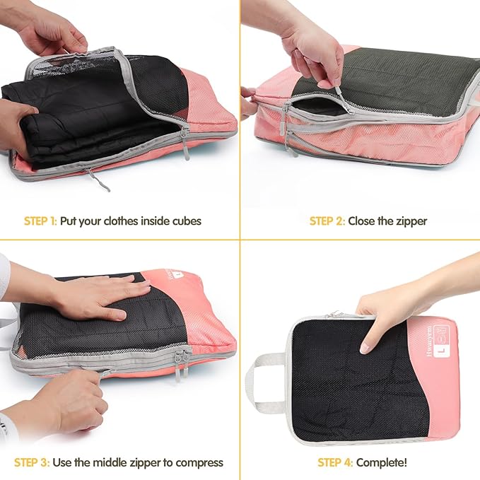 Compression Packing Cubes 8 Set, Dual Zipper Compression Packing Cubes for Travel, See-Through Mesh Packing Bags for Suitcases, packing cubes with shoe bag (Pink)