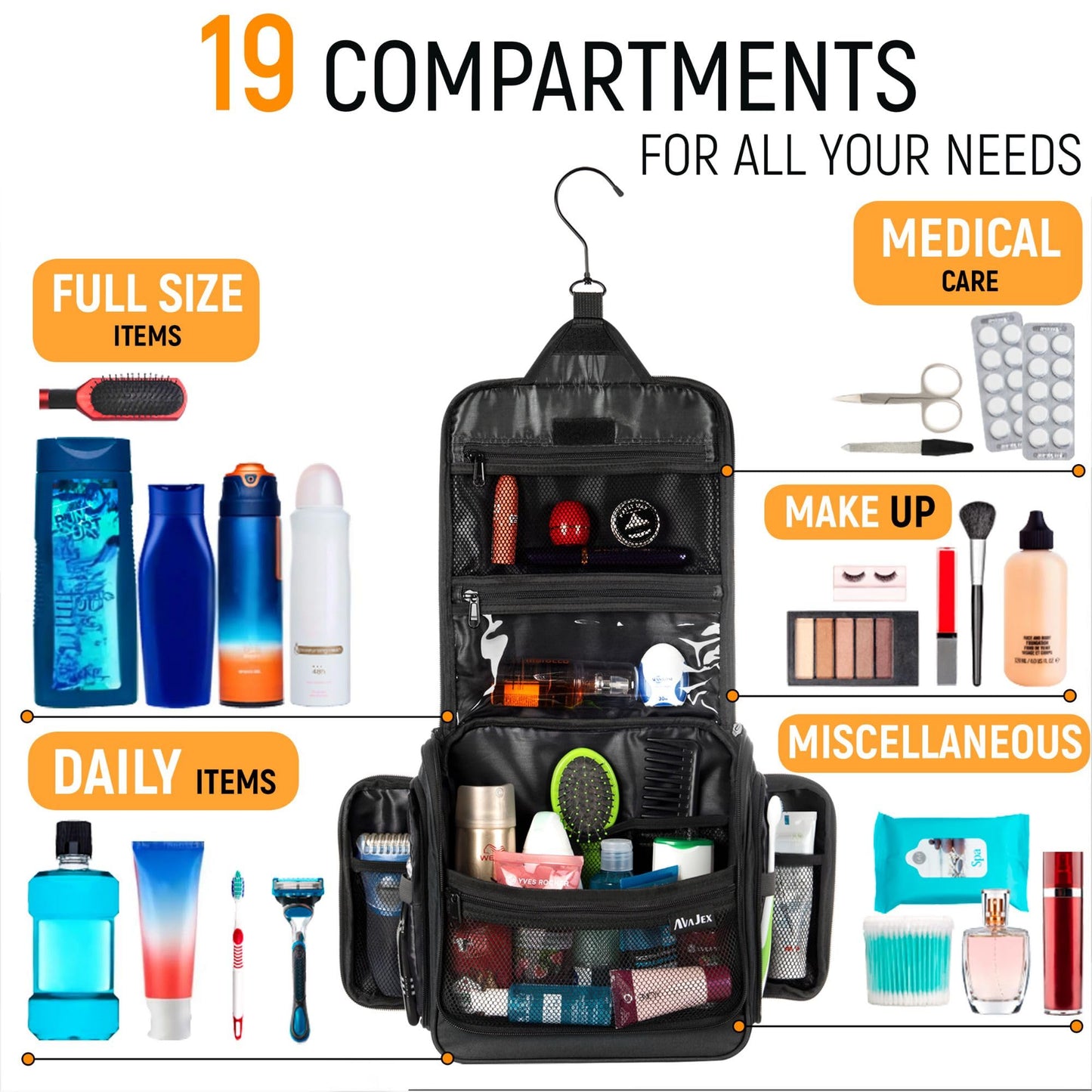 Travel Toiletry Bag for Men and Women - (10.6”x10.6”x3.2”) Large Hanging Toiletry Organizer - Waterproof Hygiene Bag with Metal XXL Swivel Hook, with Sturdy Zippers and 19 Compartments for Toiletries