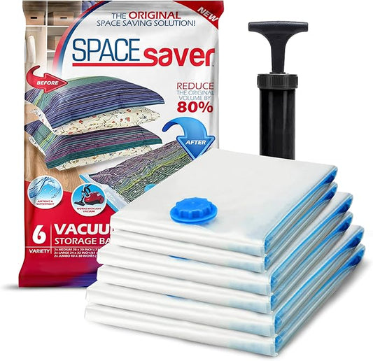 6 Pack Variety Vacuum Seal Bags for Clothing, Travel, Blankets & Comforters - Compression Bag with Hand Pump - Space Saver Vacuum Storage Bags for Bedding, Moving, Travel & Organization (2M, 2L&2XL)