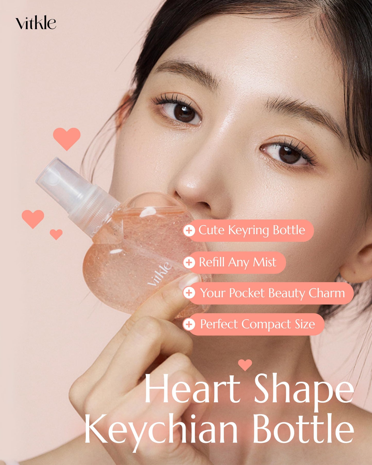 Vitkle Heart Shape Clear Keychain Refillable Bottle - Korean Travel Portable Mini Spray Container for Face Mist Serum Toner Skincare Products, 1.69 fl.oz.