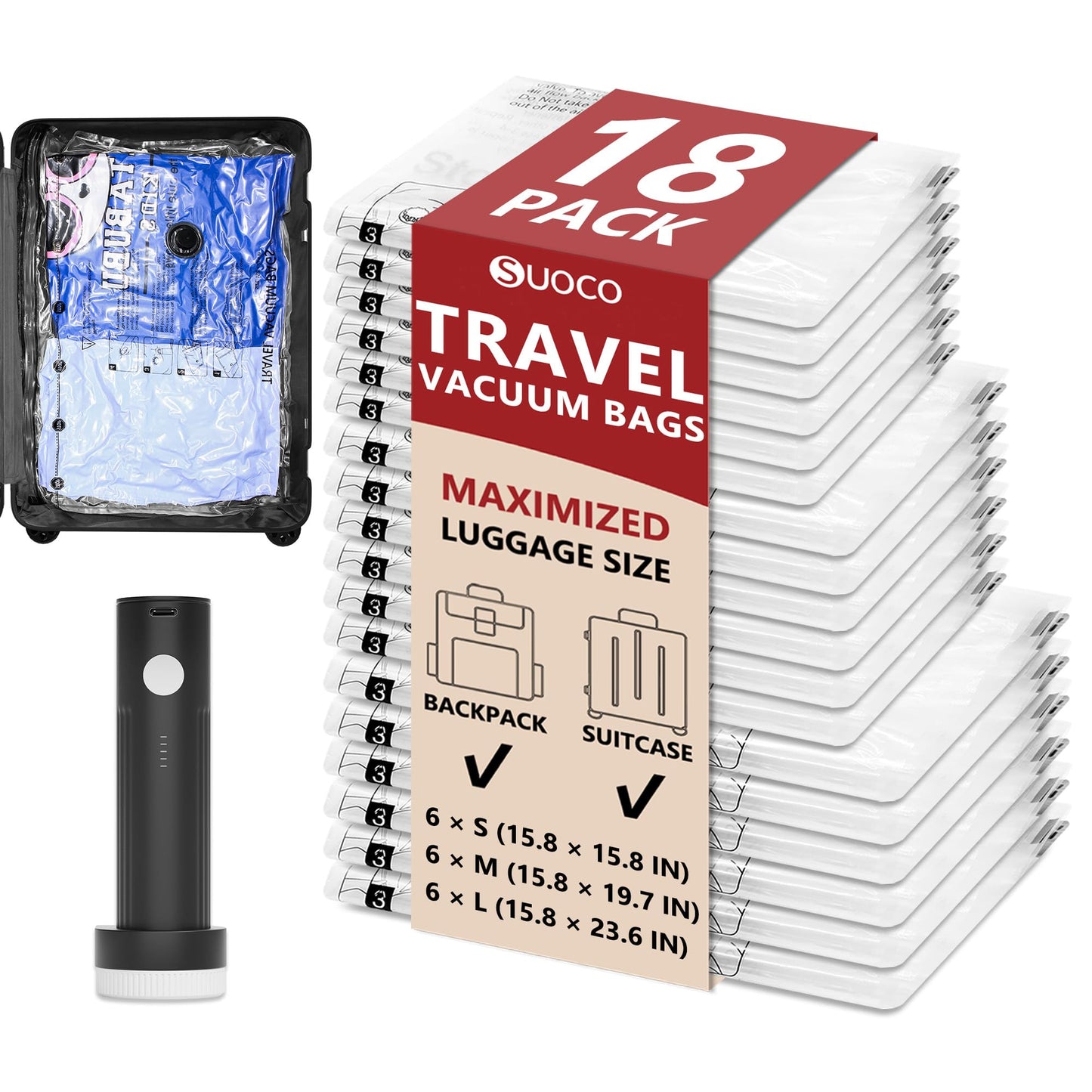 SUOCO 18 Pack Travel Vacuum Bags for Clothing with Rechargeable Electric Pump, Compression Seal Packing Cubes for Luggage Suitcase Backpack, Carry-on Size Space Saver Storage Bags for Vacation Cruise