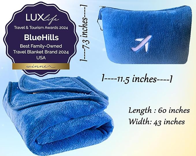 BlueHills Travel Blanket Pillow in Mini Soft Case Premium Plush Airplane Blanket in Soft Bag Compact Pack with Luggage Belt and Backpack Clip Car Portable Cozy Traveling Accessories - Royal Blue M07