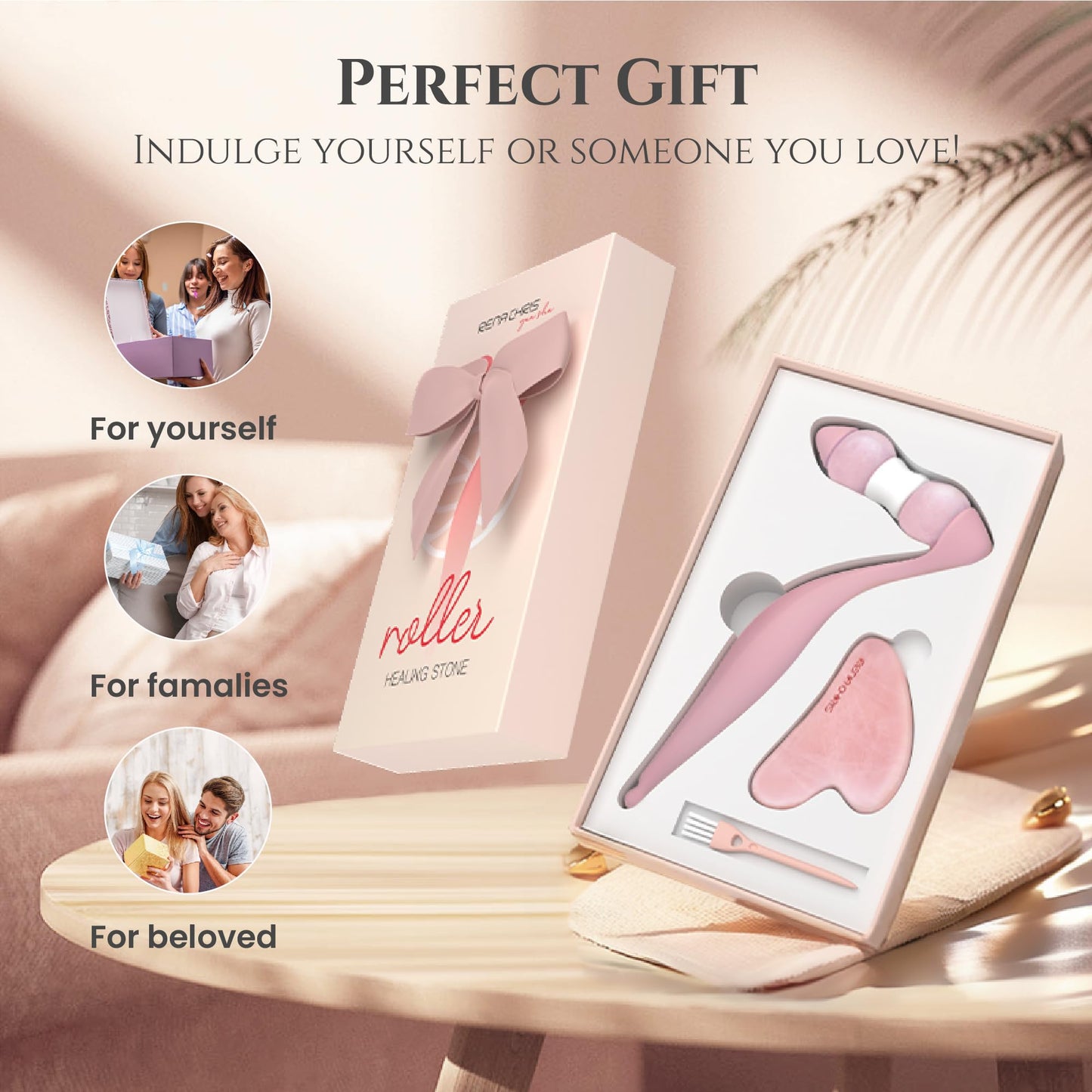 Rena Chris Facial Roller and Gua Sha Set - Jade Gua Sha Facial Tools & Face Roller with Aluminum Alloy Handle and 316 Stainless Steel Shaft for Puffiness Reducing,Skin Care Gift for Women