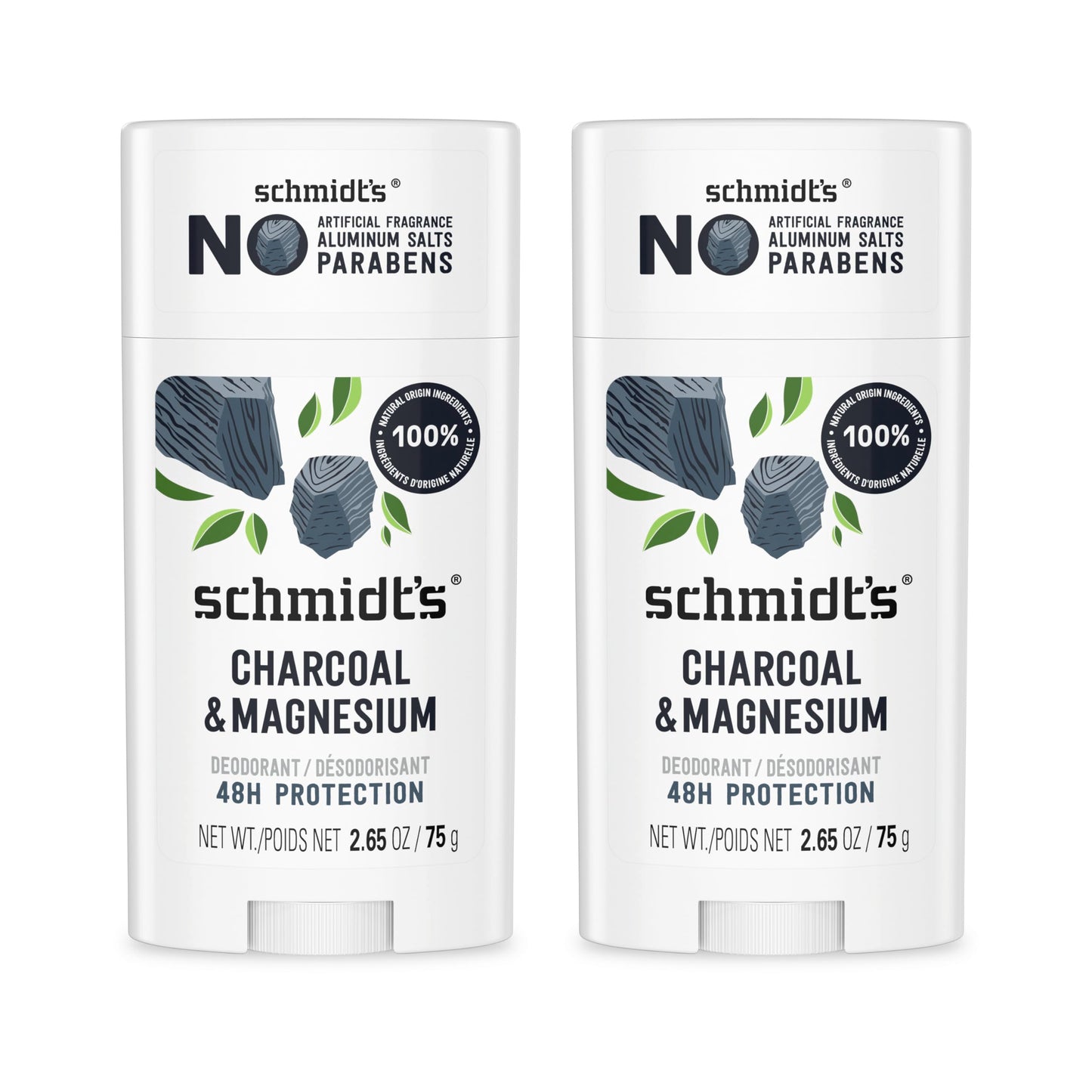 Schmidt's Aluminum-Free Vegan Deodorant Charcoal & Magnesium with 48 Hour Odor Protection, 2 Count for Women and Men, Natural Ingredients, Cruelty-Free, 2.65 oz, Pack of 2