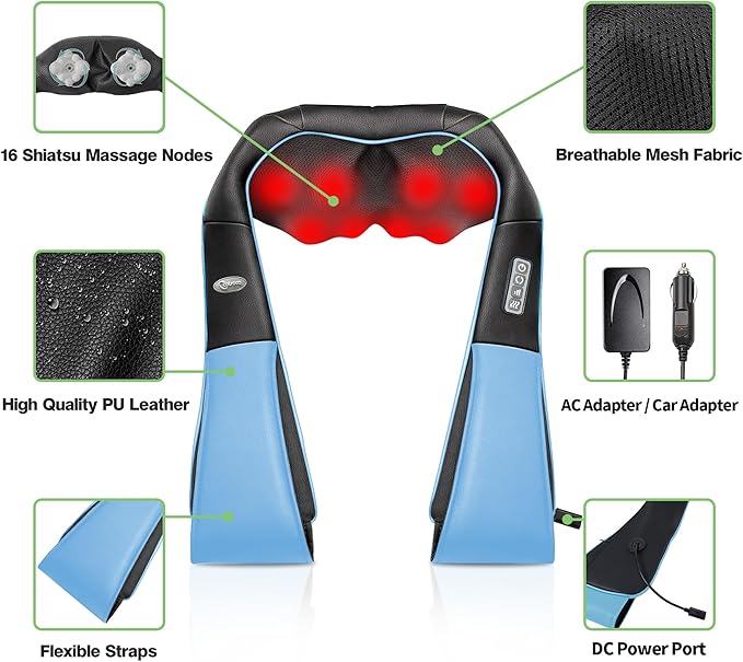 cotsoco Neck Massager, Shiatsu Neck and Back Massager with Heat for Pain Relief, Deep Tissue 3D Kneading Massage Pillow, Relaxation Gifts for Men and Women, Gifts for Dad, Elderly,Wife (Azure)