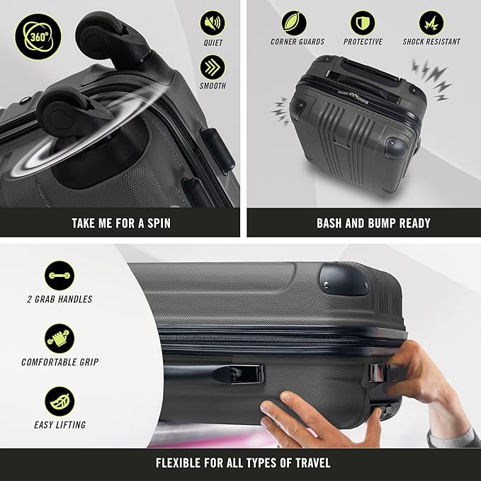 Kenneth Cole REACTION Out of Bounds Lightweight Hardshell 4-Wheel Spinner Luggage, Charcoal, 3-Piece Set (20", 24", & 28")